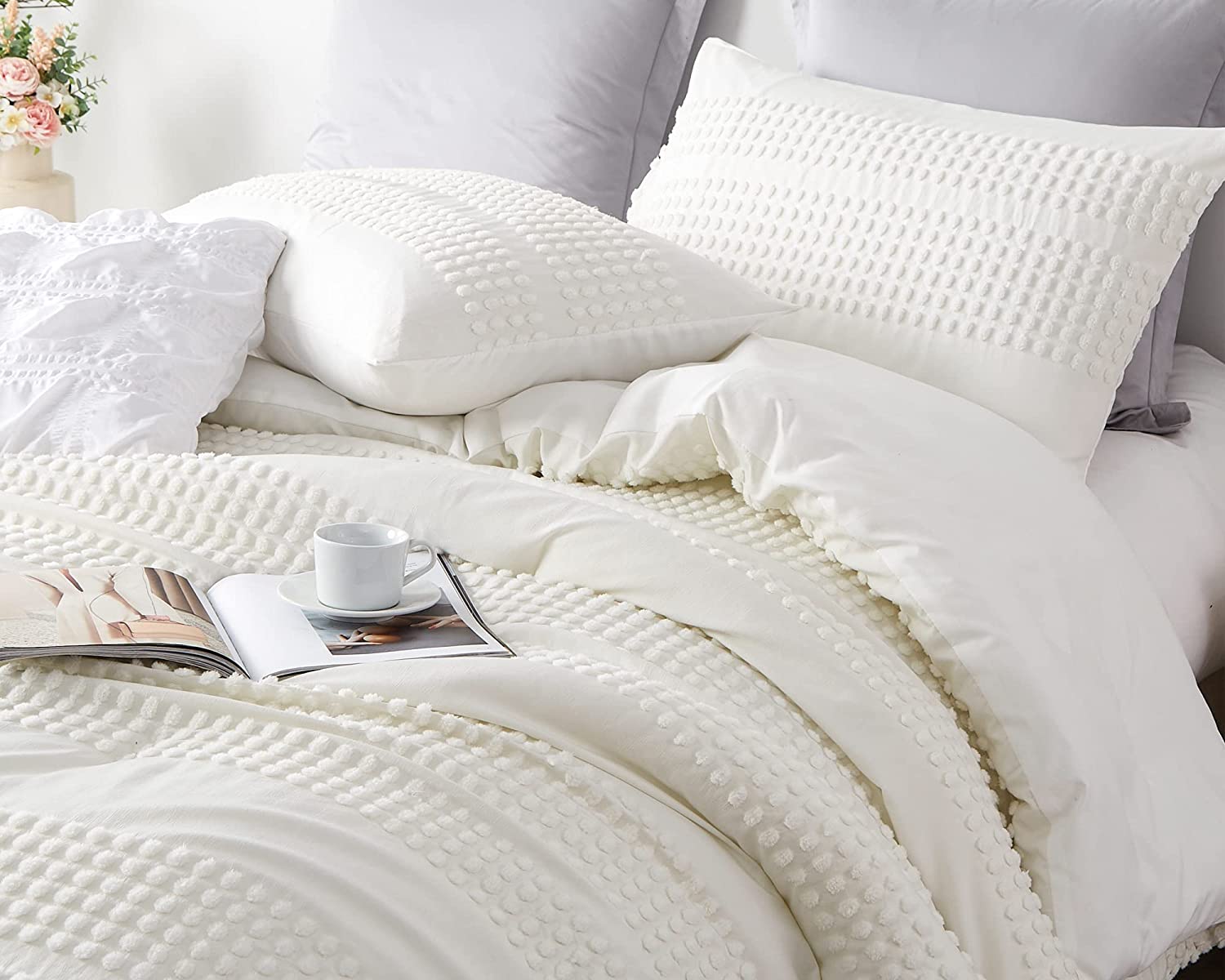 Houseri White Comforter Set Queen Boho Comforter Sets Full Size White  Tufted Jacquard Bedding Sets Q…See more Houseri White Comforter Set Queen  Boho