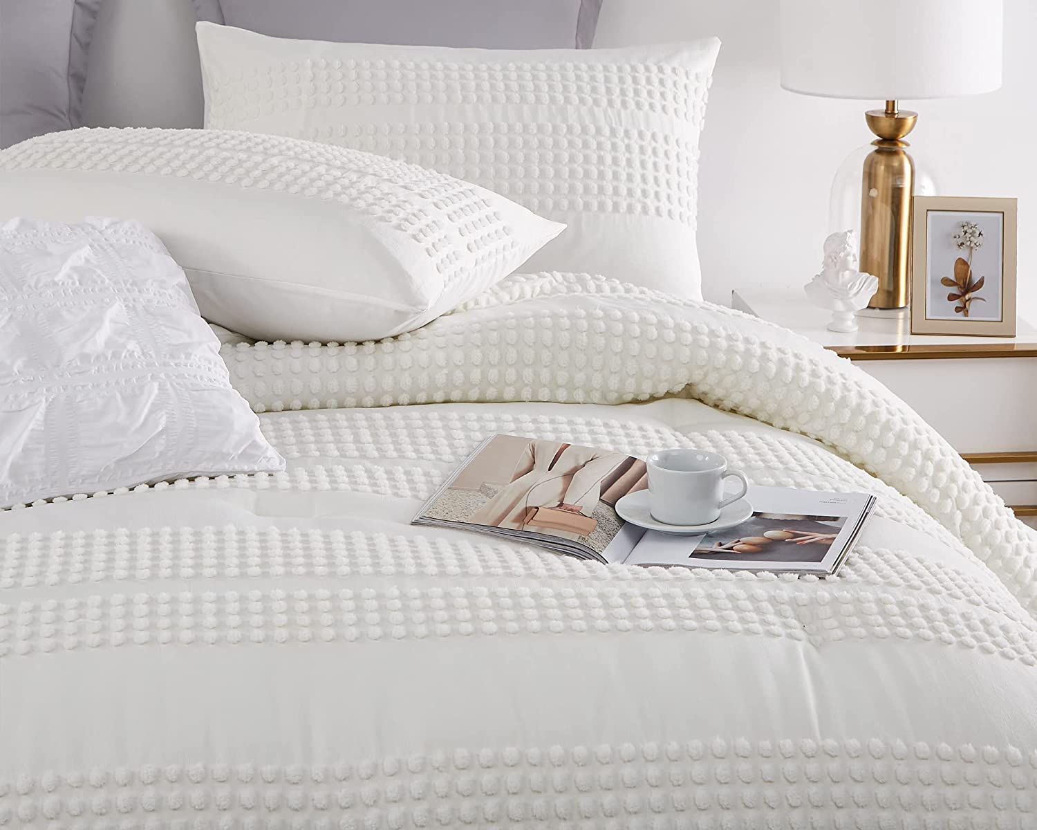 Houseri White Comforter Set Queen Boho Comforter Sets Full Size White  Tufted Jacquard Bedding Sets Q…See more Houseri White Comforter Set Queen  Boho