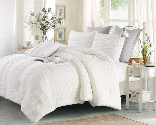 Queen Comforter Set White Tufted Comforter Sets Bedding for Queen Bed 3PCS Boho Comforter Soft Fluffy Lightweight Comforter with 2 Pillow Cases for All Season